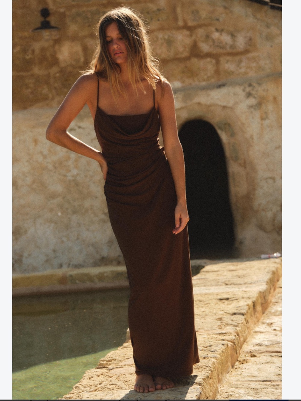 Zara Brown Cowl Neck Maxi Slip Dress